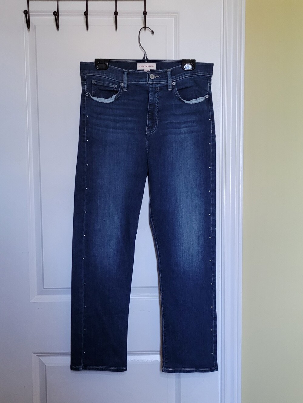 Lucky Brand jeans dark wash blue denim studded size 14 Zoe high rise straight